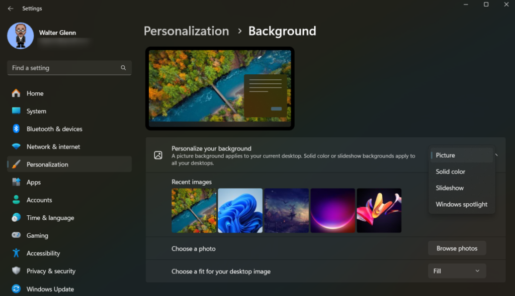 Background settings in personalization category